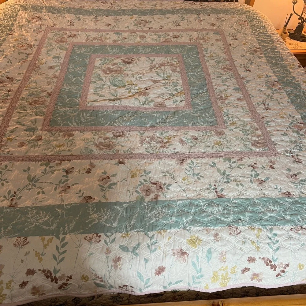 Floral Quilted Bedspread Set 3pc‎ Sage Green Rose Cottagecore Farmhouse Queen